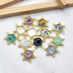 Dalmatian Jasper Hexagon Pendant 10mm Natural Gemstone <b>Charm</b> Gold Plated Bezel Connector Jewelry Making Supply - Product Image 5