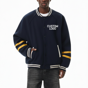 Veste universitaire personnalisée avec logo pour homme, style preppy, bleu marine avec rayures dorées, boutons sur le devant, couleur unie, vêtement d'automne - Product Image 3