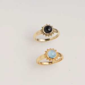 Natural Larimar Ring Gold Tone Beaded Halo Brass Minimal Elegant Handmade Designer Jewelry Delicate Statement Classic MOKU - Product Image 5