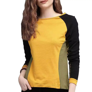 Camiseta de Punto de Manga Larga con Cuello Redondo y Bloques de Color para Mujer, Corte Regular Informal, Transpirable, 100% Algodón, para Todas las Temporadas - Product Image 1