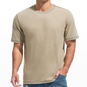 <b>Men's</b> <b>Khaki</b> Short Sleeve O-Neck Knitted <b>T</b>-<b>Shirt</b> Solid Color Casual Wear Regular Fit Breathable 100% Cotton Jersey - Product Image 1
