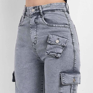 Women High Waist Grey Cargo Denim Jeans Wide Leg Relaxed Fit Cotton Utility Multi Pocket Work Streetwear Pants - Product Image 2