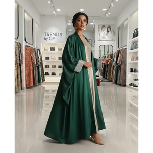 Conjunto de Dos Piezas de Ropa Formal Pakistaní |   Abrigo estilo abaya verde y vestido interior beige |   Tendencias de CP - Product Image 5