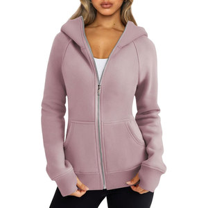 Sweat-shirt à capuche zippé pour femme, couleur unie, manches longues, en coton tricoté respirant, coupe classique, sans doublure, pour l'automne - Product Image 1