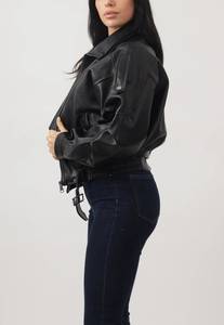 Chaqueta de cuero sintético negra oversize vintage para mujer al por mayor, estilo motero, abrigo de moda urbana, chaquetas de PU holgadas para mujer - Product Image 5