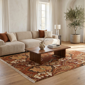 Tapis artisanal en laine terracotta à motif floral Paisley, marron rouille, moderne, botanique, antidérapant, écologique, à poils épais pour salon - Product Image 3