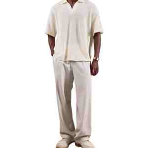 Polo de Manga Corta para Hombre, Talla Grande, Color Beige, Tejido Waffle, Informal, Transpirable, Color Sólido, Texturizado, de Algodón, para Verano - Product Image 5