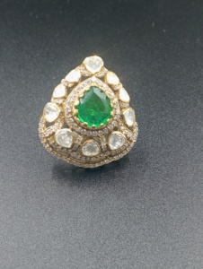 Amaira Jewels SM-745 Floral Shape 18K <b>Gold</b> Plated Emerald <b>Cocktail</b> <b>Ring</b> Women's Wedding Engagement Glam Style Pave Setting Stone - Product Image 2