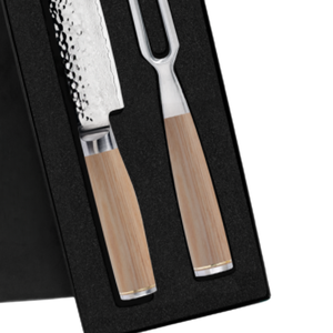 Juego de 2 piezas de cuchillo y tenedor para trinchar, hoja de acero de Damasco martillada con mangos de madera Pakkawood rubia para cortar pavo asado, jamón y carne - Product Image 3