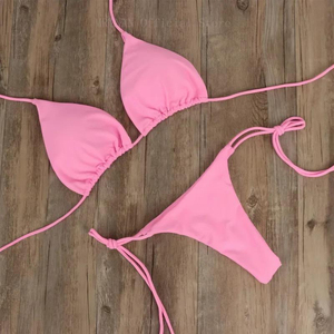 Ensemble bikini noir 2 pièces pour femme, haut triangle et bas string en Spandex Nylon, coupe extensible, style classique, maillot de bain à nouer - Product Image 2