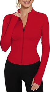 Women's Red Full Sleeve <b>Zipper</b> Turtleneck <b>Top</b> Breathable Spandex Polyester Solid Color Sportswear All Seasons Skinny Fit Pockets - Product Image 4