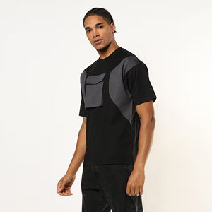 <b>Mens</b> Color Block Cargo Pocket T-<b>Shirt</b> Short Sleeve Black Grey Patchwork Utility Crew Neck Cotton Top Custom Logo OEM ODM - Product Image 2
