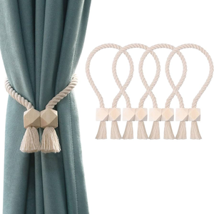 Cotton Rope & Wood Curtain Buckle Premium Quality Holdback Boho Curtain <b>Tieback</b> Outdoor Home Curtain <b>Tiebacks</b> Rope Curtain - Product Image 5