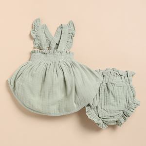 Premium Quality Organic <b>Muslin</b> Sleeveless Frill Top Set with Bloomer Sage <b>Baby</b> Clothing - Product Image 1