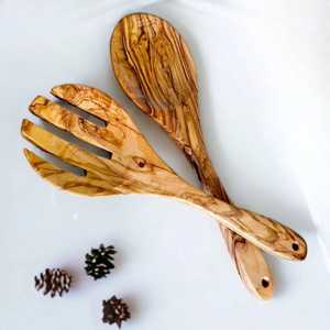 Ensemble de serveurs à salade en bois écologique moderne avec fourchette et cuillère, finition miroir haute brillance, couverts en bois naturel - Product Image 6