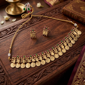 JeweleMarket Traditional Indian Gold Tone Alloy Coin Necklace Earring <b>Set</b> <b>Crystal</b> Rhinestone Ethnic Bridal Jewelry Maharashtra - Product Image 1