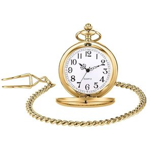 Montre de poche pour homme, vintage, en alliage, analogique, dorée, avec chaîne, style classique antique - Product Image 1