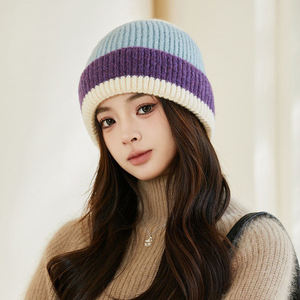 Unisex Korean Style Color Block Striped Thick Knit Slouchy Beanie <b>Hat</b> <b>Winter</b> Warm Cuffed Cap - Product Image 2