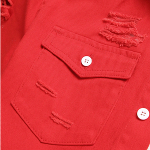 Camisa de Mezclilla Roja Desgastada para Hombre, Manga Corta, con Botones, Estilo Casual Urbano, Desgarrada, de Algodón, para Verano, Corte Regular, para Uso Diario - Product Image 5