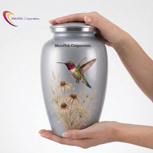 High Quality Metal Cremation Urns Human <b>Ashes</b> Adult Custom Light Grey Aluminum Funeral Urn Hummingbird Design Memorial <b>Keepsake</b> - Product Image 1
