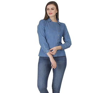 Camisas de Mezclilla de Algodón Orgánico para Mujer, Corte Casual, Manga Raglán con Botones, Cuello Camisero, Prenda Exterior Suave para Todas las Temporadas, Novedad 2026 - Product Image 1