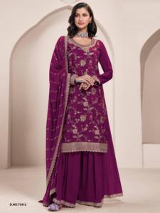Ensemble Sharara moderne pour femme en chinon épais avec broderie (piètement cousu), longueur genou, séchage rapide, idéal pour mariage, bal et soirée - Product Image 3