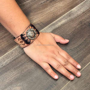 2025 Fashion Hand Tooled <b>Leather</b> Cuff <b>Bracelet</b> with Tribal Sunburst Concho Custom Genuine Cow <b>Leather</b> Wristband for Men & <b>Women</b> - Product Image 4
