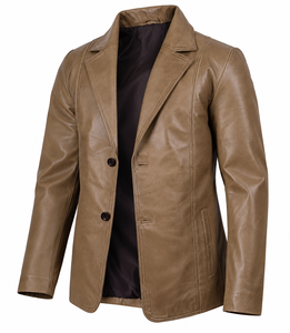 Blazer de Cuero Marrón de Lujo para Hombre, Chaqueta de Traje de Cuero Genuino, Cierre Clásico de Dos Botones, Corte Entallado, Formal, de Negocios, a la Moda - Product Image 2