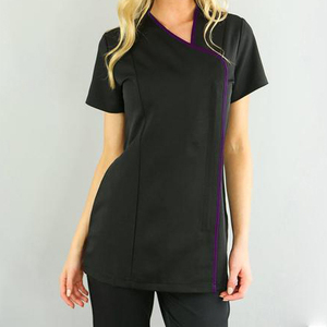 Unisex <b>Black</b> Short Sleeve Scrub Top with Blue Trim Breathable Cotton Spandex Uniform for Adults Custom Logo - Product Image 5
