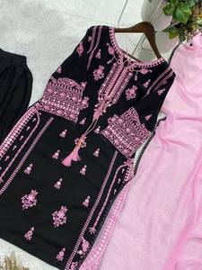 Luxury Jet Black Rayon Lawn Suit Set Heavy Thread Embroidery Keyhole Neck Tassel <b>Kurti</b> Straight Pants Chiffon Dupatta Party - Product Image 2