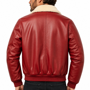 Blouson Bomber Homme en Cuir Véritable Rouge Respirant Écologique Coupe-Vent Hiver Moto Col Fourrure Fermeture Éclair Avant - Product Image 2