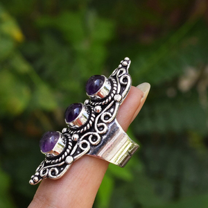 แหวนพลอยอเมทิสต์ เงินแท้ 925 แหวนพลอยอเมทิสต์ทำมือ เครื่องประดับโบโฮสไตล์เทพนิยาย ธรรมชาติ - Product Image 3