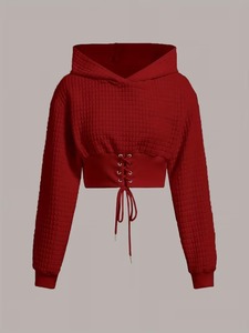 เสื้อฮู้ดครอปผู้หญิง แขนยาว ผ้าวาฟเฟิล แต่งเชือกผูกด้านหน้า สีพื้น ผ้าถักนิตติ้ง ผ้าฝ้าย ระบายอากาศได้ดี สวมใส่สบายๆ สำหรับฤดูใบไม้ร่วง - Product Image 4