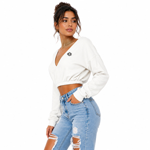 White French terry Women's Cropped Sweatshirt V Neck Drop Shoulder Oversized Long Sleeve Gathered Hem Casual Fashion Custom Logo - Product Image 4