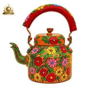Hand Painted Red Base Metal <b>Teapot</b> Indian Folk Art Vibrant Floral Pattern Multicolor Handle Blue Spout Artistic Traditional - Product Image 6