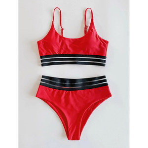 Conjunto de Bikini Rojo para Mujer, Top Bandeau, Braguita de Cintura Alta, Ribete en Contraste, Traje de Baño de Spandex y Poliéster - Product Image 3