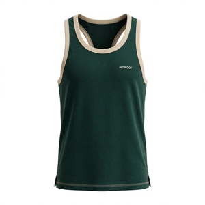 Débardeur sans manches vert foncé pour homme Amkoor, col rond, séchage rapide, en polyester tricoté, patchwork color block, style sportif décontracté - Product Image 1