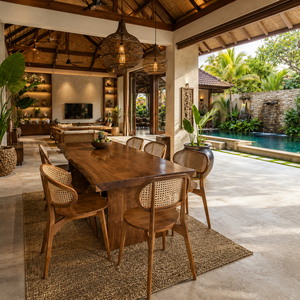 Elegant Suar <b>Wood</b> Minimalist Export Elysian Live Edge <b>Dining</b> Set Collection with Teak Rattan Chairs for Hospitality Use - Product Image 6