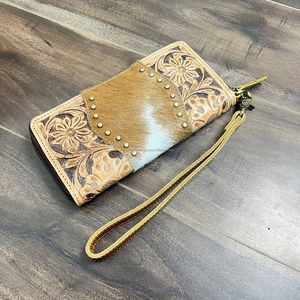 2023 Wholesale New Women Luxury Hand <b>Tooled</b> Genuine Cowhide Leather Shoulder <b>Tote</b> <b>Bag</b> & Wristlet Wallet Ladies 2 piece Combo Set - Product Image 6