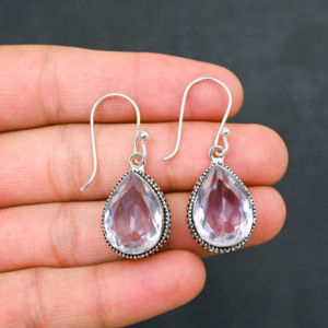 Boucles d'oreilles personnalisées en Kunzite rose créée en laboratoire, en argent sterling 925, 1,9 pouce, faites à la main, bijoux en pierres précieuses, boucles d'oreilles fines de style antique, cadeau pour - Product Image 2