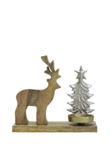 Décor de Noël moderne et durable en nickel et aluminium, motif renne et sapin argenté, avec porte-bougie doré sur la base - Product Image 1