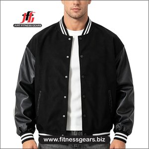 JUST FITNESS GEARS Men's Custom Eco-Friendly Heated Breathable <b>Varsity</b> <b>Jacket</b> <b>Red</b> <b>Black</b> Front Embroidery Stand Casual Winter - Product Image 1