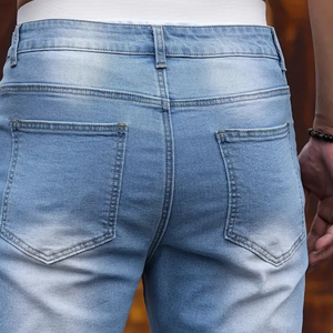Shorts en jean stretch bleu clair pour homme Muqeet Ghazal, coupe droite ajustée, taille mi-haute, décontracté, en spandex/coton, séchage rapide, respirant, printemps - Product Image 4