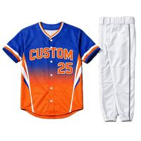 Jersey Baseball Custom Biru Oranye Gradasi Cetak Sublimasi Lengan Pendek Kancing Depan Bahan Mesh Penyerap Keringat Dewasa Musim Dingin