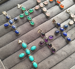 Vintage Antique Silver Plated Brass Natural Gemstone Cross Pendant Necklace Charms Unisex Wholesale Bulk Supplier - Product Image 3