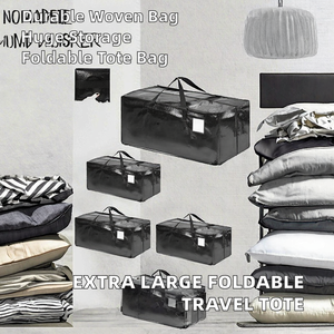 <b>Extra</b> <b>Large</b> Striped Woven Heavy Duty Storage Travel <b>Bag</b> for Clothing Folding Tote with Zipper Closure Black Moving <b>Bag</b> - Product Image 2