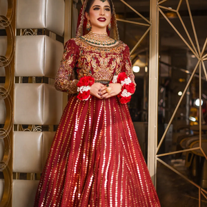 Luxurious Red Embroidered Sequined Organza Ball Gown Dress with V-neck Full <b>Sleeve</b> Silk Lining Floor-Length Formal Wear - Product Image 2