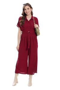 Women's Sweet <b>Red</b> Printed Crepe Jumpsuit <b>Belted</b> High Waist Puff Sleeve Polo Collar Casual Loose Fit Ankle Length Spring Summer - Product Image 1