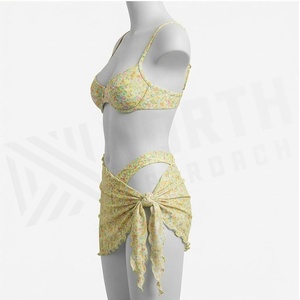 <b>Blue</b> Butterfly Print 2 Piece Yoga <b>Set</b> With Gold Trim Deep V Neck Halter Bodysuit And Knee Length Wrap Skirt - Product Image 3