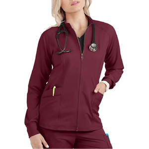 Blouse d'hôpital en polyester tricoté bordeaux pour femme avec poches - Product Image 2